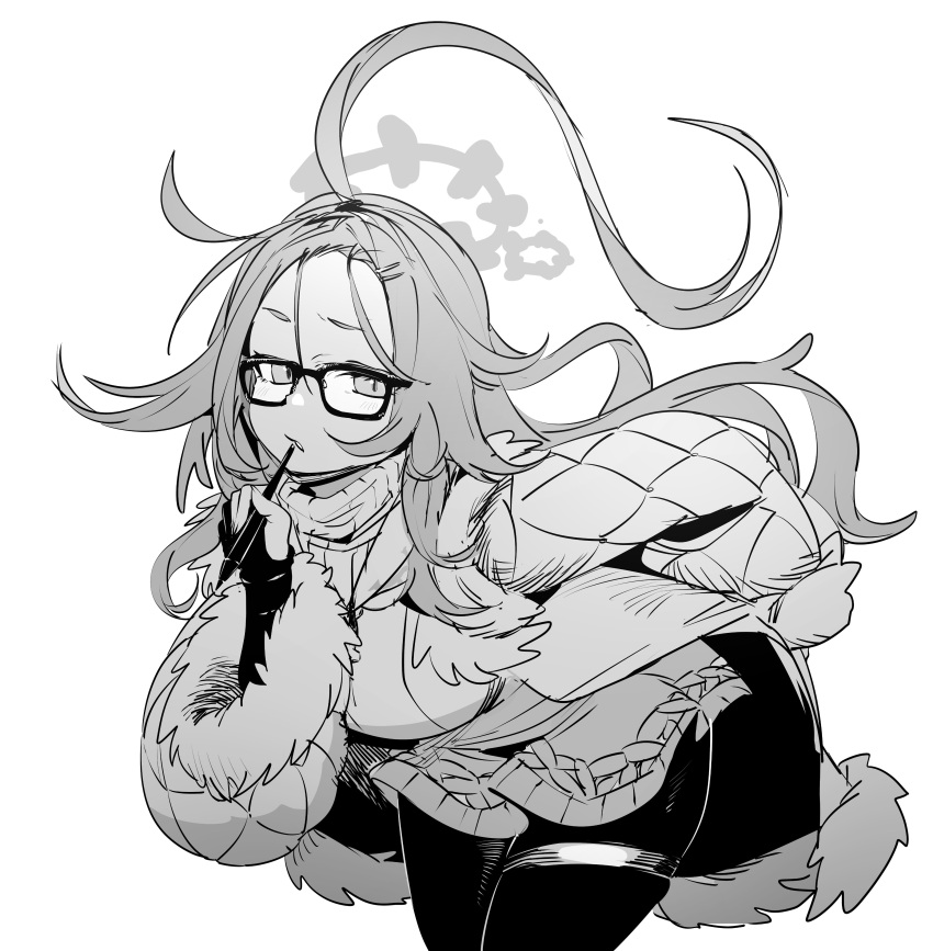 absurdres ahoge bangs_pinned_back bent_over blue_archive breasts coat ddari female forehead fur-trimmed_coat fur_trim glasses greyscale halo highres holding holding_stylus huge_ahoge large_breasts long_hair mask mask_around_neck meru_(blue_archive) monochrome pantyhose solo stylus sweater thigh_strap turtleneck turtleneck_sweater white_background