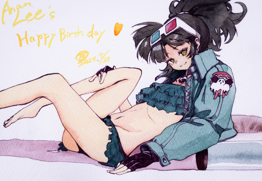 3d_glasses :3 an-an_lee bikini black_choker black_gloves black_hair character_name choker eyewear_on_head female fingerless_gloves foot_out_of_frame frilled_bikini frills from_side gloves green_bikini green_jacket hakamori_shishamo happy_birthday highres jacket knees_up legs_up long_sleeves looking_at_viewer lying navel on_back painting_(medium) ponytail reverse:1999 solo stomach swimsuit traditional_media watercolor_(medium) white_background yellow_eyes yin_yang