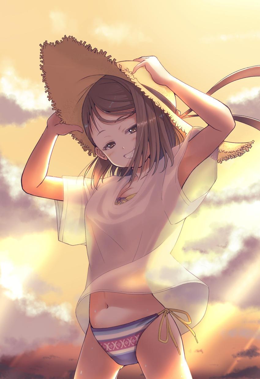 22/7 absurdres adjusting_clothes adjusting_headwear bikini bikini_over_clothes breasts cleavage cloud cloudy_sky evening female grey_eyes grey_hair grin half-closed_eyes hand_on_headwear hat highres hiiragi_tsubomi looking_at_viewer medium_hair mid227 navel orange_sky outdoors see-through see-through_shirt shirt short_sleeves side-tie_bikini_bottom sky smile solo straw_hat sun_hat sunlight swimsuit white_shirt