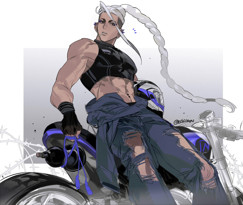 1boy abs absurdly_long_hair alternate_color alternate_costume alternate_hair_color artist_name barbed_wire bare_shoulders black_gloves blue_jacket blue_pants blue_rope border braid brown_eyes clothes_around_waist compression_shirt crop_top cropped_legs dark-skinned_male dark_skin denim dutch_angle ear_piercing earrings fingerless_gloves gillannn gloves gourd gradient_background helmet highres holding holding_gourd jacket jacket_around_waist jamie_siu jeans jewelry leaning_on_object long_bangs long_braid long_hair looking_to_the_side male_focus midriff motor_vehicle motorcycle motorcycle_helmet multiple_earrings navel navel_piercing official_alternate_color official_alternate_hair_color pants parted_lips pectorals piercing rope single_bang single_braid solo spiked_ear_piercing street_fighter street_fighter_6 tassel toothpick torn_clothes torn_pants unworn_jacket veins veiny_arms very_long_hair white_border white_hair