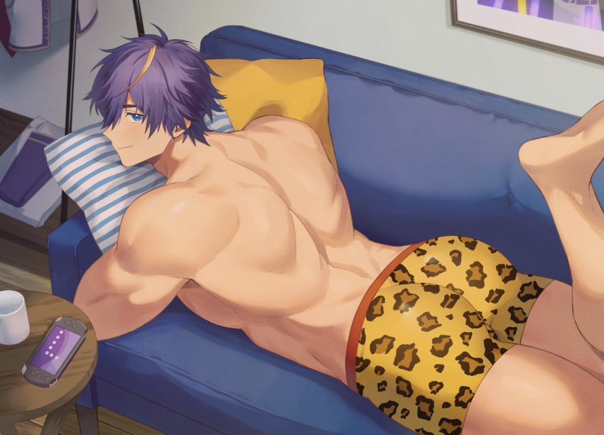 1boy ass bara blonde_hair blue_eyes boxer_briefs closed_mouth handheld_game_console higashigunkan highres indie_virtual_youtuber indoors large_pectorals lying male_focus male_underwear multicolored_hair muscular muscular_male on_stomach pectorals pillow playstation_vita purple_hair ryosuke_tsukiyo short_hair smile solo streaked_hair thick_thighs thighs twitter_username underwear virtual_youtuber yellow_male_underwear