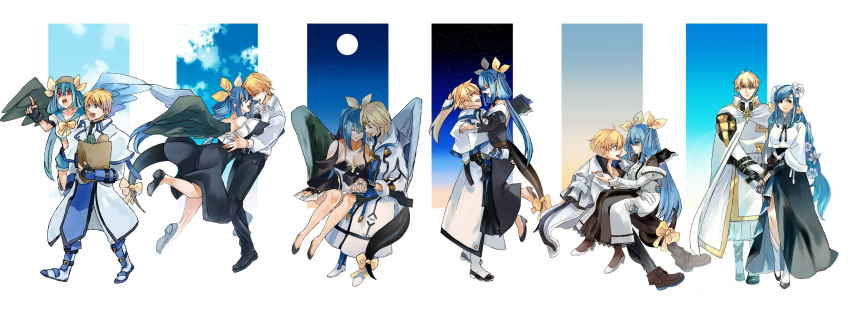 1boy age_progression bandana blonde_hair blue_hair couple dizzy_(guilty_gear) dress feathered_wings female guilty_gear guilty_gear_strive guilty_gear_x guilty_gear_xrd highres holding_hands husband_and_wife ky_kiske looking_at_another nishimoto smile wings