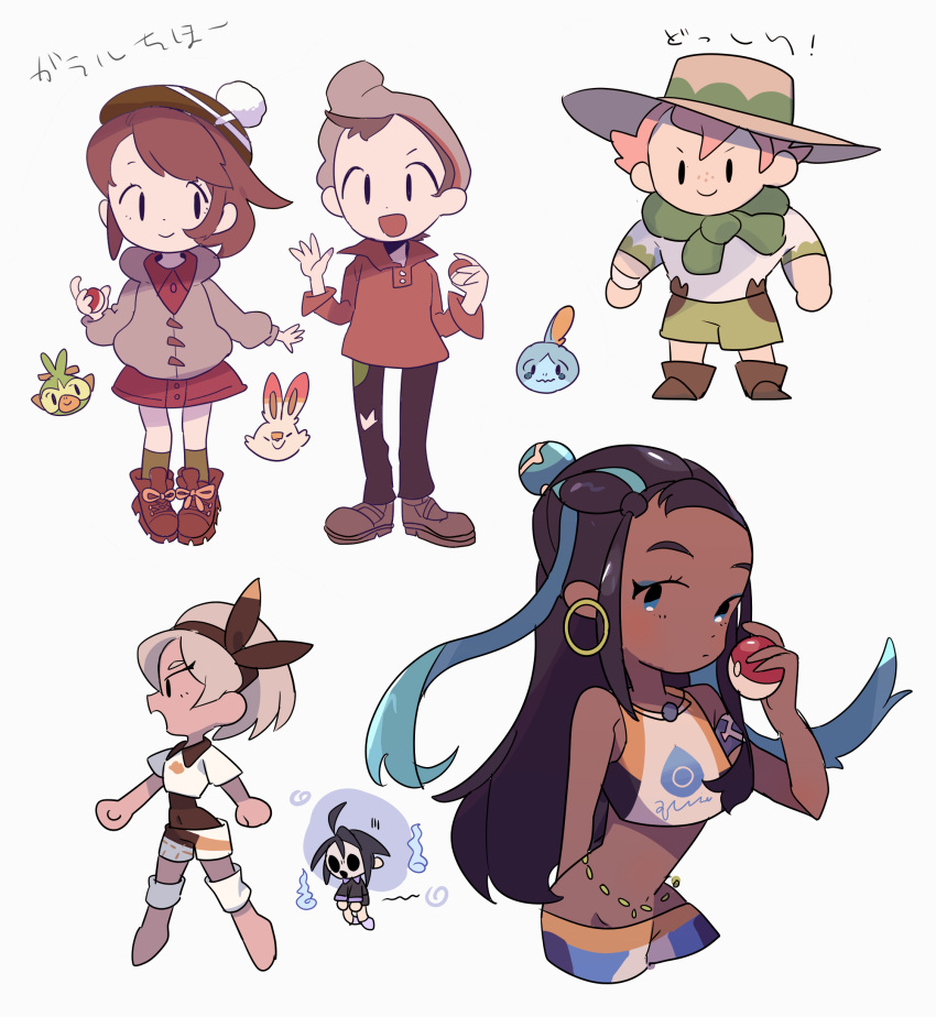 3boys 3girls allister_(pokemon) armlet barefoot bea_(pokemon) beanie belly_chain black_eyes black_hair boots bow_hairband brown_footwear brown_hair cardigan closed_mouth collared_dress collared_shirt commentary_request dark-skinned_female dark_skin dress earrings eyelashes eyeshadow freckles gloria_(pokemon) gogeyama green_hat green_scarf green_socks grey_cardigan grey_hat grookey hair_bun hairband hand_up hat highres holding holding_poke_ball hoop_earrings jewelry knee_pads long_hair looking_at_viewer makeup milo_(pokemon) multicolored_hair multiple_boys multiple_girls nessa_(pokemon) no_sclera pants poke_ball poke_ball_(basic) pokemon pokemon_(creature) pokemon_swsh scarf scorbunny shirt shoes short_sleeves shorts sidelocks smile sobble socks tam_o'_shanter two-tone_hair victor_(pokemon) white_background white_shirt