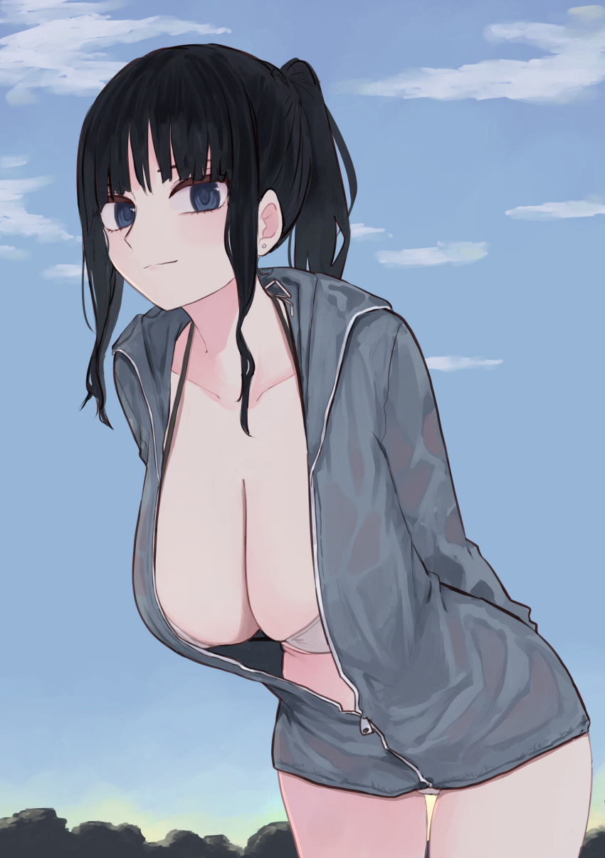 absurdres arms_behind_back bikini bikini_under_clothes black_hair blush breasts cleavage collarbone female grey_jacket highres hood hooded_jacket hr_lady_(rucchiifu) huge_breasts jacket jacket_over_swimsuit leaning_forward light_smile looking_at_viewer original outdoors ponytail rucchiifu see-through see-through_jacket sidelocks solo swimsuit thigh_gap white_bikini