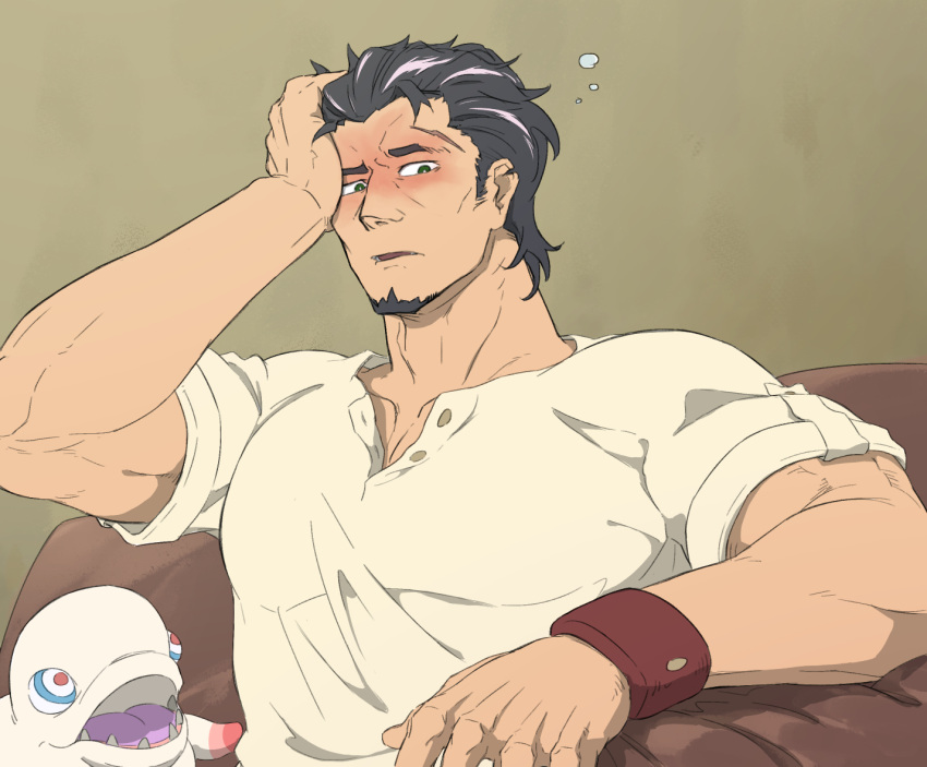 1boy :d arm_up bara beard black_hair blush bracelet brown_background collarbone couch decadence_(anime) facial_hair grey_hair haku_(pixiv_98785262) hand_on_own_head indoors jewelry kaburagi_(decadence) male_focus multicolored_hair muscular muscular_male open_collar pectorals pipe_(decadence) red_eyes red_wristband sharp_teeth shirt short_sleeves sitting smile streaked_hair teeth two-tone_hair white_shirt wristband