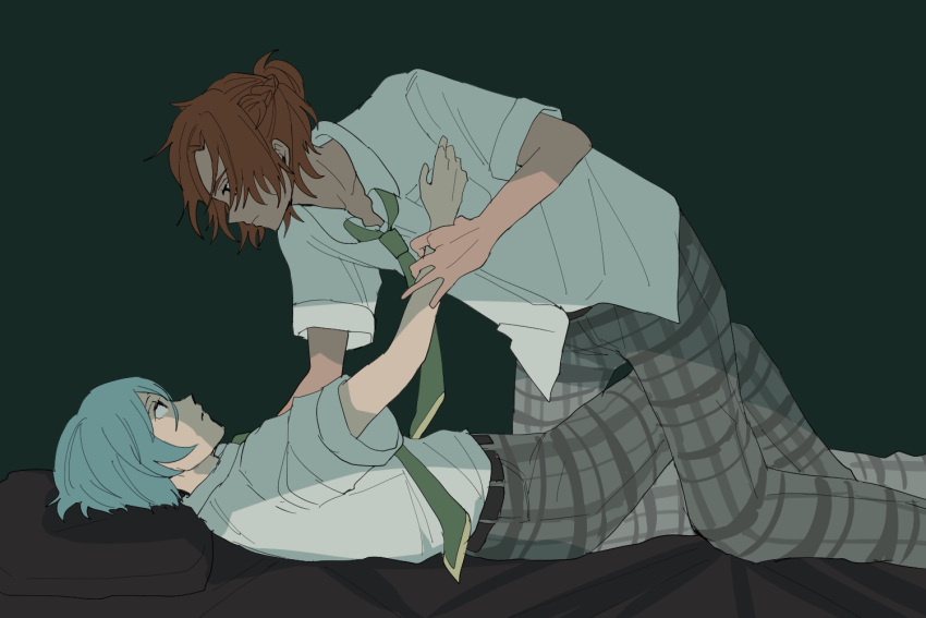 2boys bed_sheet ensemble_stars! eye_contact feet_out_of_frame from_side green_background green_necktie grey_pants hair_over_one_eye half_up_braid half_up_half_down_braid hand_on_another's_arm hand_on_another's_chest head_on_pillow knee_up kneeling leaning_forward light_frown looking_at_another lying male_focus medium_hair mikejima_madara multiple_boys necktie no_jacket on_back on_bed open_collar pants plaid_clothes plaid_pants profile reaching_towards_another school_uniform shade shinkai_kanata shirt shirt_tucked_in short_sleeves simple_background thigh_straddling toma_anst untucked_shirt white_shirt yaoi yumenosaki_school_uniform