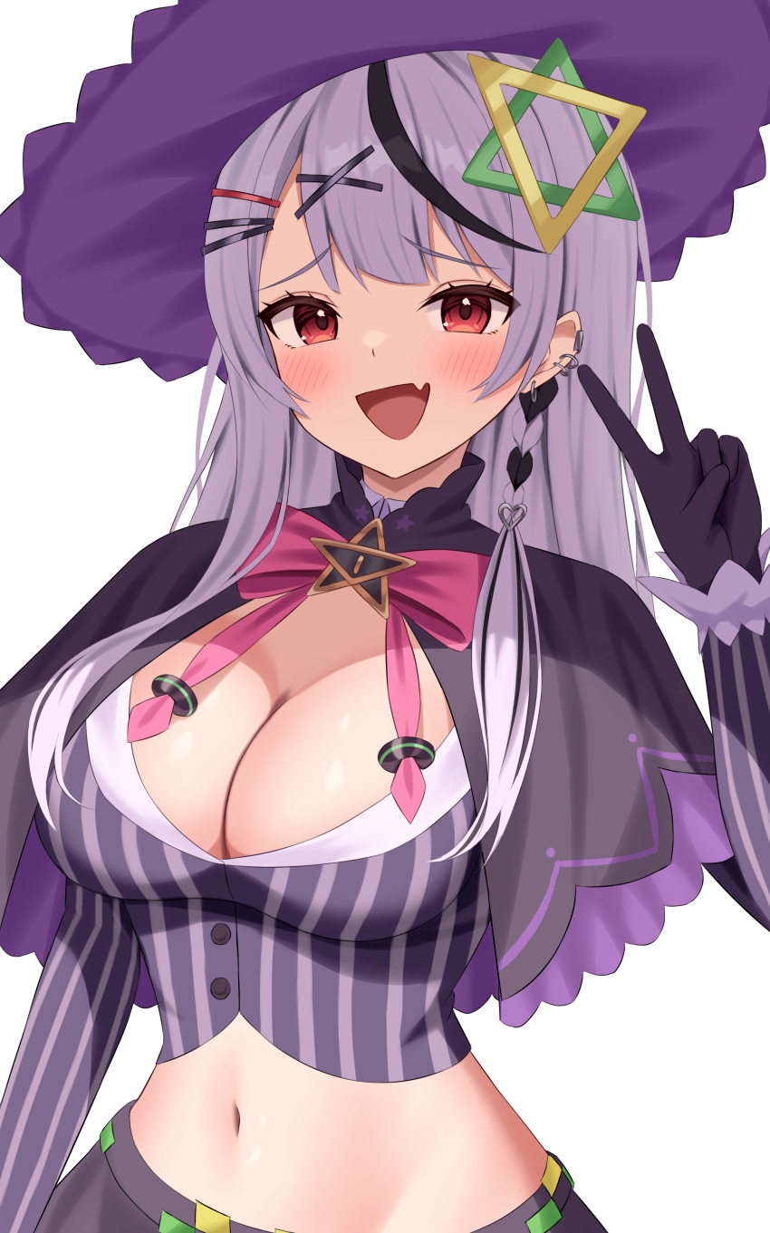 :d absurdres black_hair blush bow bowtie braid breasts capelet cleavage commentary_request cosplay cropped_shirt earrings female gloves grey_hair hair_ornament hairclip hand_up hat highres hololive jewelry kumoru_(kumoru_145) large_breasts long_hair long_sleeves midriff multicolored_hair murasaki_shion murasaki_shion_(1st_costume) murasaki_shion_(cosplay) oerba_yun_fang pink_bow pink_bowtie pinstripe_pattern pinstripe_shirt purple_capelet purple_gloves purple_shirt purple_skirt red_eyes sakamata_chloe shirt side_braid simple_background single_braid skin_fang skirt smile solo streaked_hair striped_clothes striped_shirt v vertical-striped_clothes vertical-striped_shirt white_background witch_hat x_hair_ornament