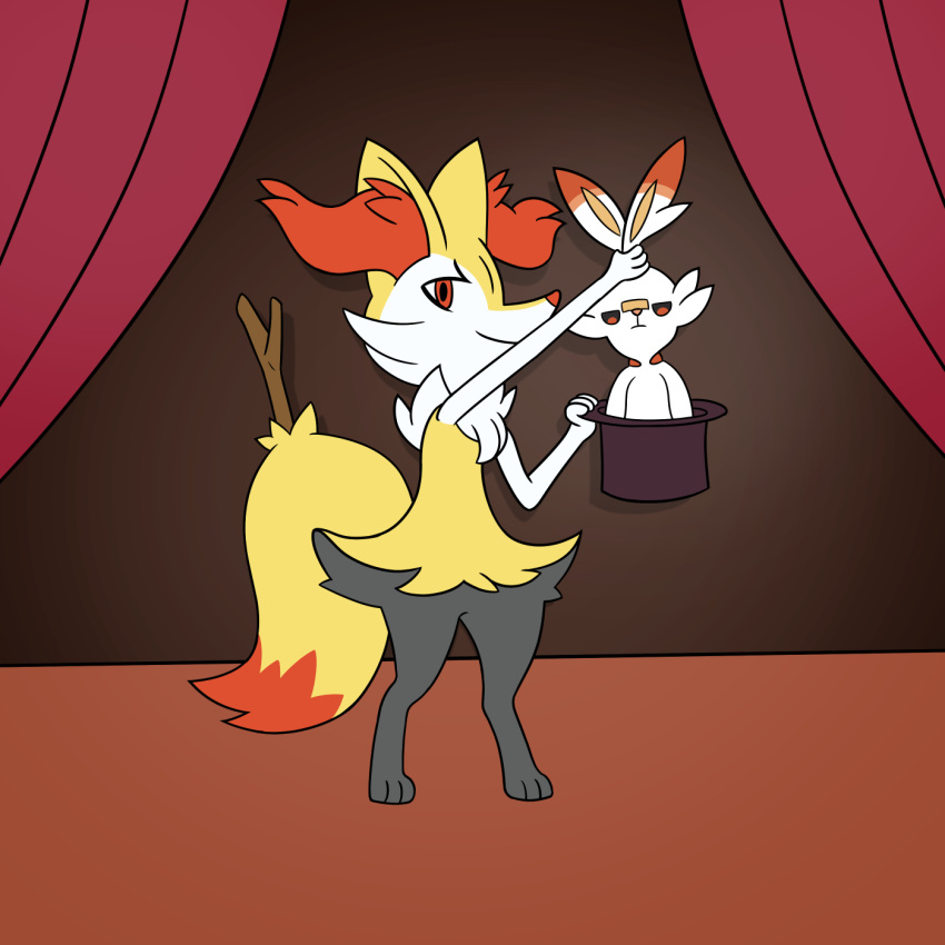 1:1 2024 ambiguous_gender braixen clothing digital_media_(artwork) dipstick_tail duo feral fur generation_6_pokemon generation_8_pokemon hat headgear headwear held_by_ears hi_res inside magic magician_hat markings nintendo orange_body orange_eyes orange_fur pokemon pokemon_(species) ponponthebonbon scorbunny stage standing tail tail_markings white_body white_fur yellow_body yellow_fur