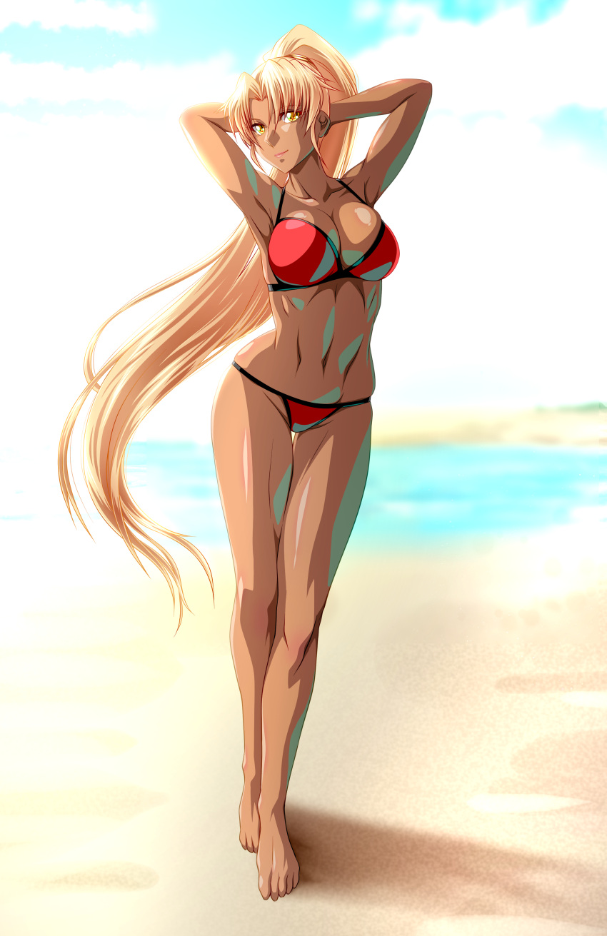 absurdres akuron_(acllon) armpits arms_up beach bikini blonde_hair breasts dark-skinned_female dark_skin day female full_body highres long_hair medium_breasts navel outdoors red_bikini sasha_(sennen_sensou_aigis) sennen_sensou_aigis solo standing swimsuit very_long_hair yellow_eyes