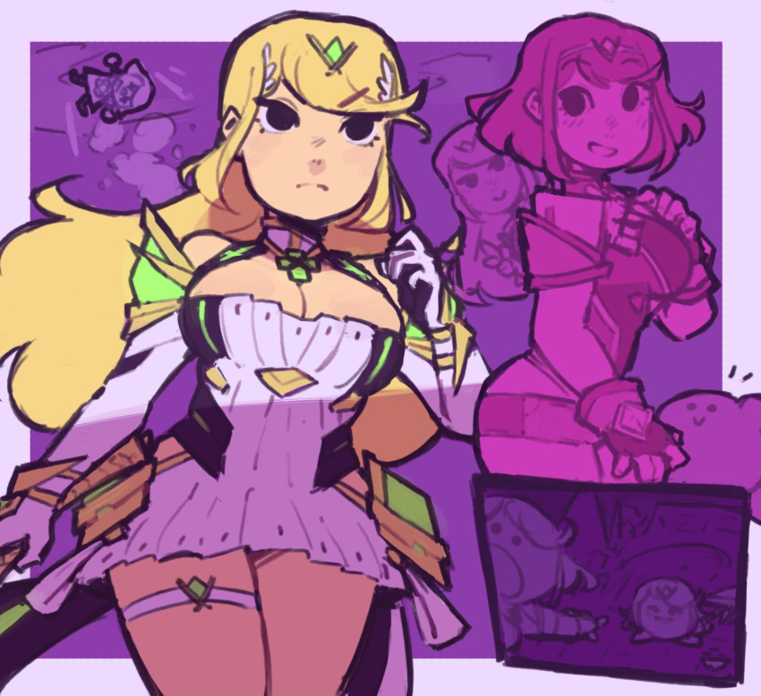 3girls bare_legs bare_shoulders black_eyes blonde_hair breasts cleavage cleavage_cutout clothing_cutout cut-in dress elbow_gloves gem gloves headpiece highres kirby large_breasts limited_palette long_hair m4rcyart meme microdress multiple_girls mythra_(xenoblade) open_mouth pointing purple_background pyra_(xenoblade) short_dress short_hair smile super_smash_bros. swept_bangs thigh_strap tiara two_soyjaks_pointing_(meme) v-shaped_eyebrows villager_(animal_crossing) white_dress white_gloves xenoblade_chronicles_(series) xenoblade_chronicles_2