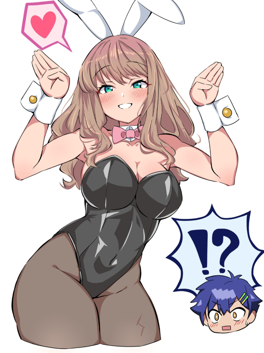 !? 1boy animal_ears asanaka_yomogi bare_shoulders black_leotard black_pantyhose blue_eyes blue_hair blush breasts brown_hair cleavage commentary_request cowboy_shot female freedom_xdrive gridman_universe heart highres large_breasts leotard minami_yume pantyhose playboy_bunny rabbit_ears simple_background spoken_heart ssss.dynazenon strapless strapless_leotard white_background wrist_cuffs