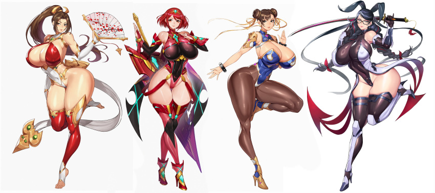 4girls absurdres adapted_costume aegis_sword_(xenoblade) alternate_breast_size arm_armor armor armored_boots armored_leotard ass_visible_through_thighs bare_shoulders bayonetta bayonetta_(series) bayonetta_3 black_hair blue_leotard blush boots bracelet braided_twintails breasts brown_eyes brown_hair brown_pantyhose chun-li cleavage closed_mouth core_crystal_(xenoblade) cosplay covered_navel covered_nipples curvy detached_collar detached_sleeves double_bun earrings elbow_gloves fatal_fury floral_print full_body gauntlets glasses gloves gold_trim gurimjang hair_bun hair_ornament hand_fan hand_up high_heel_boots high_heels high_ponytail highleg highleg_leotard highres holding holding_sword holding_weapon huge_breasts huge_weapon impossible_clothes jewelry katana large_breasts leg_up leotard light_smile linea_alba lips lipstick long_hair long_legs looking_at_viewer makeup mature_female mizuki_shiranui mizuki_shiranui_(cosplay) multicolored_hair multiple_girls navel open_hands pantyhose parted_bangs ponytail pyra_(xenoblade) red_eyes red_hair revealing_clothes shin_guards shiny_clothes shiny_skin shiranui_mai short_hair sideboob simple_background skin_tight skindentation sleeveless sleeveless_leotard smile spiked_bracelet spikes standing standing_on_one_leg street_fighter swept_bangs sword taimanin_(series) taimanin_suit taimanin_yukikaze the_king_of_fighters thick_thighs thigh_gap thighhighs thighs toeless_legwear toenails toes twintails two-tone_hair very_long_hair weapon white_background wide_hips xenoblade_chronicles_(series) xenoblade_chronicles_2