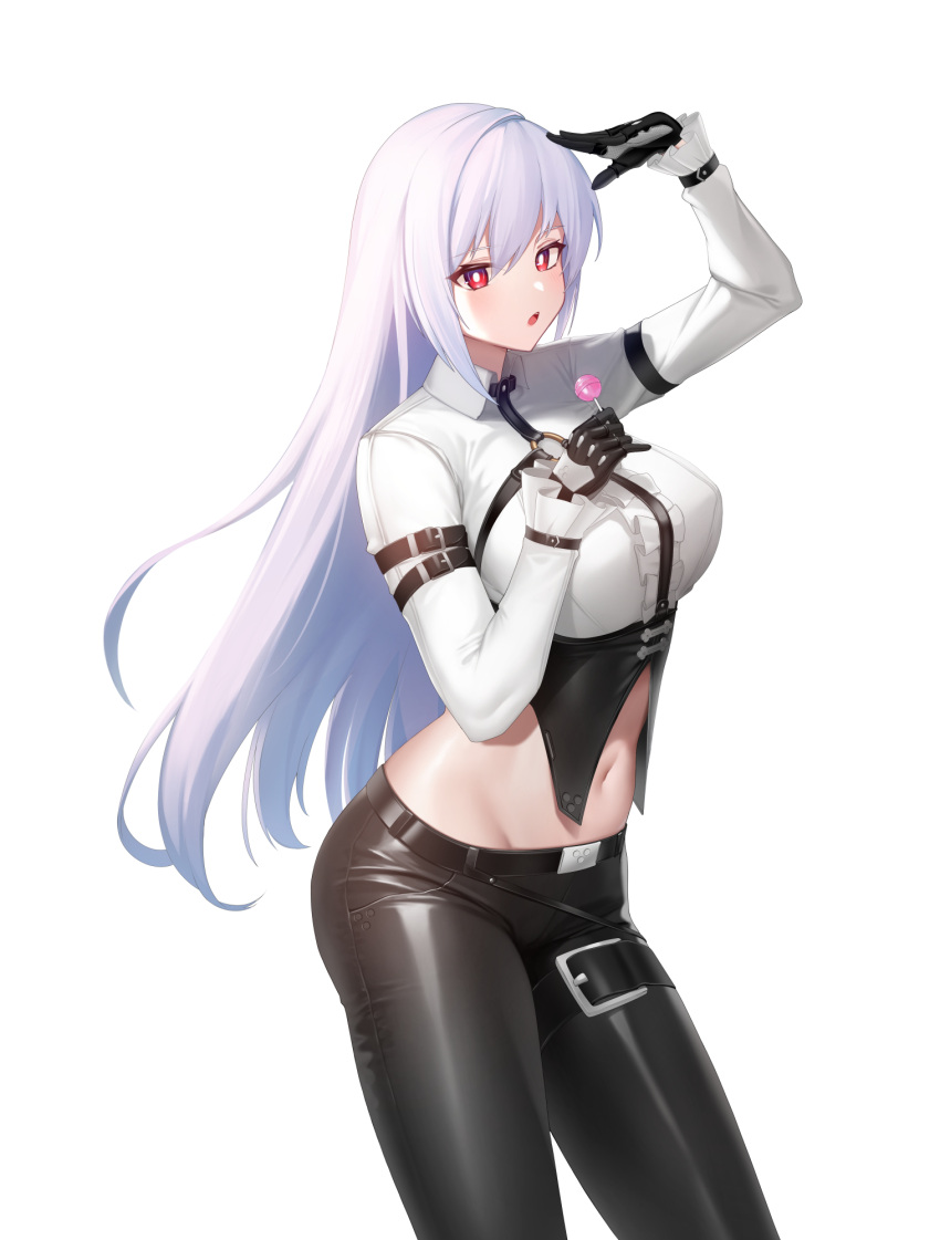 :o arm_belt arm_up belt black_gloves black_pants breasts bright_pupils candy center_frills chest_harness closers collared_shirt contrapposto cowboy_shot crop_top female food frills gloves hand_up harness highres holding holding_candy holding_food holding_lollipop large_breasts lollipop long_hair long_sleeves looking_at_viewer midriff mirae_(closers) navel non-web_source official_art open_mouth pants red_eyes salute shiny_clothes shirt simple_background solo standing stomach thigh_strap underbust very_long_hair white_background white_hair white_shirt