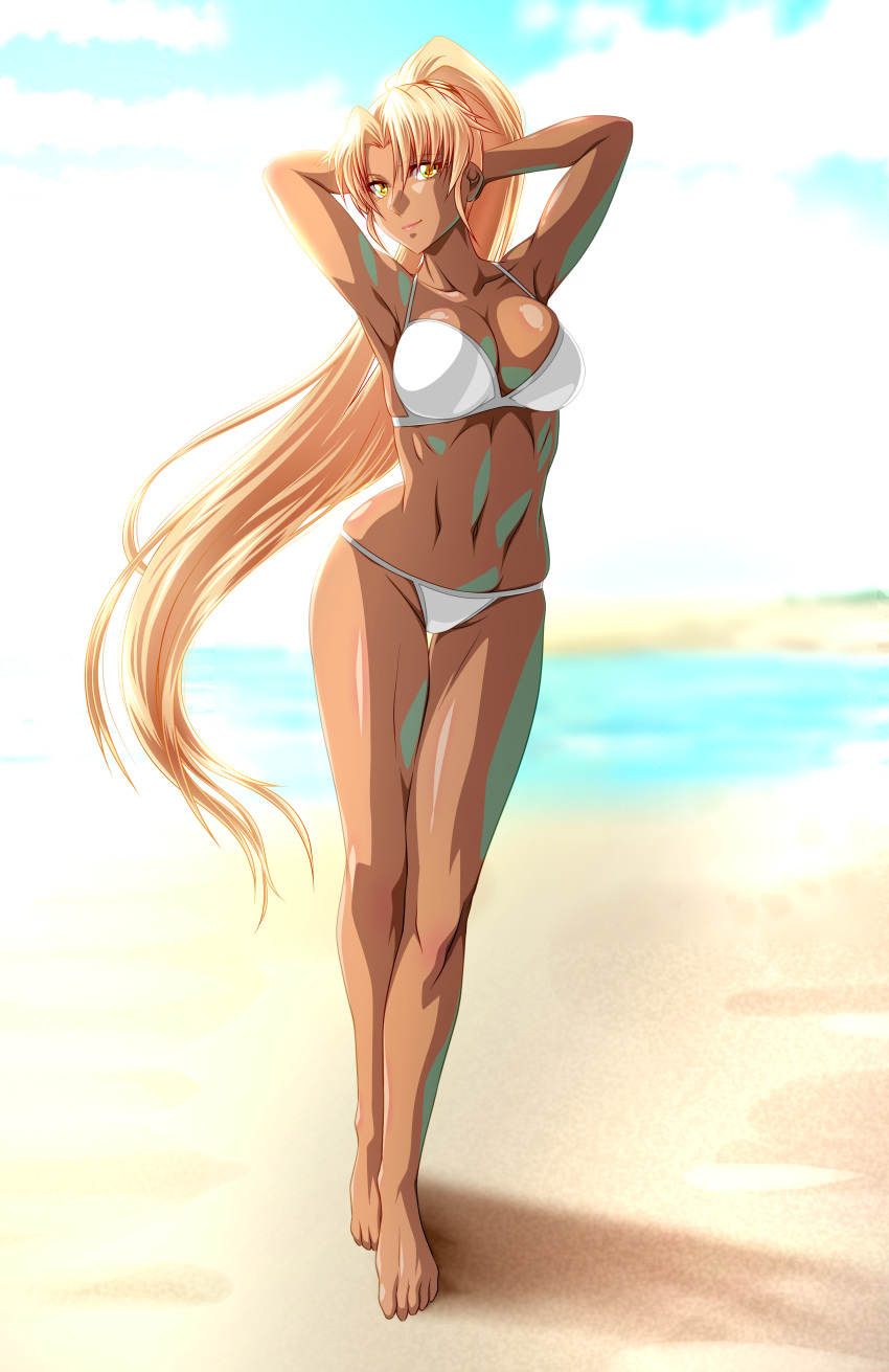 absurdres akuron_(acllon) armpits arms_up beach bikini blonde_hair breasts dark-skinned_female dark_skin day female full_body highres long_hair medium_breasts navel outdoors sasha_(sennen_sensou_aigis) sennen_sensou_aigis solo standing swimsuit very_long_hair white_bikini yellow_eyes