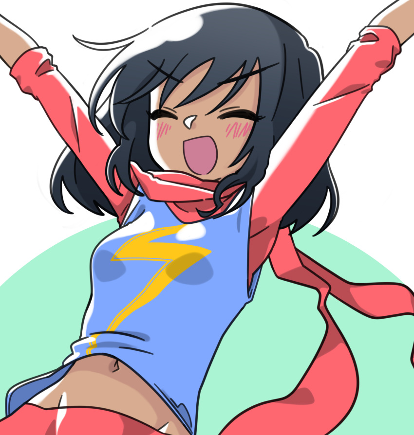 ^_^ animification black_hair blue_shirt blush breasts closed_eyes dark-skinned_female dark_skin female groin highres kamala_khan long_sleeves marvel medium_hair ms._marvel neo_(neovariable) open_mouth pantyhose red_pantyhose red_scarf red_shirt scarf shirt sleeveless sleeveless_shirt small_breasts solo v-shaped_eyebrows