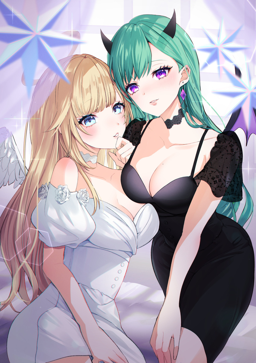 2girls absurdres aizawa_ema angel angel_and_devil bare_shoulders black_choker black_dress black_horns blonde_hair blue_eyes breast_rest breasts choker cleavage collarbone demon_girl demon_horns demon_wings dress ear_piercing earrings feathered_wings green_hair hair_behind_ear hair_flaps halo hand_on_own_chin hand_on_own_thigh highres horns jewelry lace lace_choker large_breasts long_hair looking_at_viewer mole mole_on_breast multiple_girls parted_lips piercing puffy_short_sleeves puffy_sleeves purple_eyes purple_wings see-through see-through_sleeves short_dress short_sleeves single_earring sparkle swept_bangs very_long_hair virtual_youtuber vspo! white_choker white_dress white_wings wings yakumo_beni yaya_(88cha) yuri