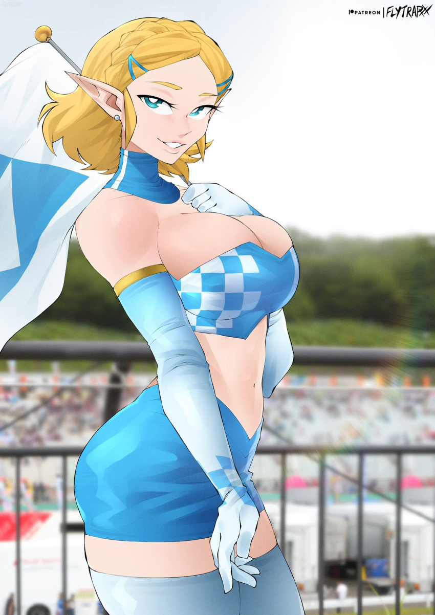 artist_name bandeau blonde_hair blue_eyes braid breasts checkered_clothes elbow_gloves female flag flytrapxx gloves grin hair_ornament hairclip highres holding holding_flag large_breasts long_hair midriff navel outdoors patreon_logo patreon_username pointy_ears princess_zelda race_queen smile strapless the_legend_of_zelda thighhighs tube_top white_gloves white_thighhighs