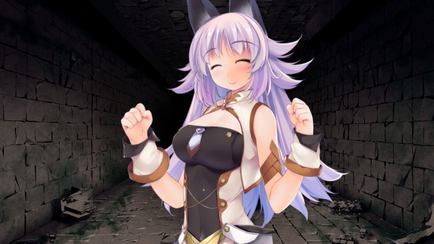 ^_^ animal_ears atelier-moo bare_shoulders blush breasts clenched_hands closed_eyes closed_mouth detached_sleeves dungeon female highres large_breasts long_hair long_sideburns looking_up mana_(our_battle_has_just_begun!) narrow_waist our_battle_has_just_begun! purple_hair sideburns sleeveless smile solo upper_body very_long_hair w_arms wolf_ears wolf_girl