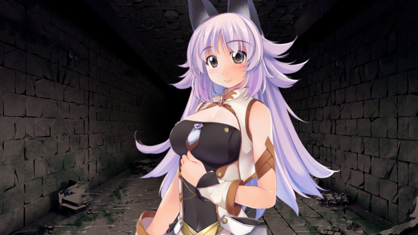 animal_ears atelier-moo bare_shoulders blush breasts closed_mouth detached_sleeves dungeon female grey_eyes highres large_breasts long_hair long_sideburns mana_(our_battle_has_just_begun!) narrow_waist our_battle_has_just_begun! purple_hair sideburns sleeveless smile solo upper_body very_long_hair wolf_ears wolf_girl