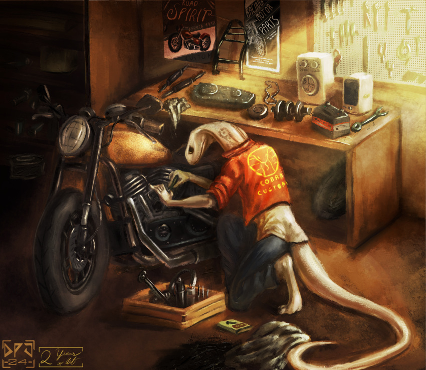 2024 absurd_res anthro bottomwear clothing cobra crouching denim denim_bottomwear denim_clothing desk digital_drawing_(artwork) digital_media_(artwork) digitigrade dirtypaperjoe engine exhaust_pipe furniture garage hi_res jacket jeans junk leaning maintenance mechanic motorcycle oil_spill pants poster reptile scalie screwdriver snake snake_hood speaker table tire tools topwear vehicle volumetric_lighting working workshop