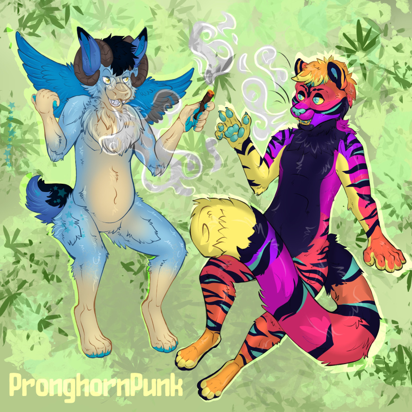 absurd_res ambiguous_gender anthro claws digital_media_(artwork) drug_usage drugs duo dutch_angel_dragon featureless_crotch feet felid fur hair hi_res horn long_tail mammal marijuana markings multicolored_body multicolored_fur nude open_mouth pantherine pawpads paws pronghornpunk rainbow_body rainbow_fur shaded simple_background simple_shading smile smoke smoke_from_mouth smoke_from_nose smoking smoking_marijuana striped_markings stripes tail teal_nose teeth tiger toes tongue tuft