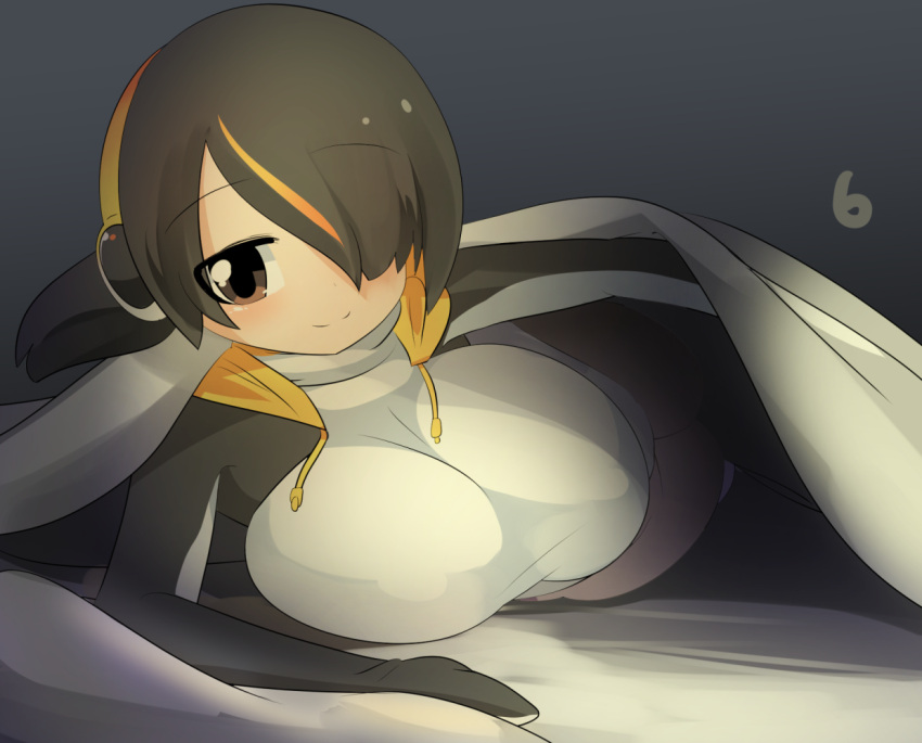 bed bed_invitation black_hair black_jacket blush breasts brown_eyes closed_mouth commentary_request cowboy_shot emperor_penguin_(kemono_friends) female grey_background hair_between_eyes hair_over_one_eye hairjob headphones jacket kemono_friends large_breasts lets0020 long_bangs looking_at_viewer lying multicolored_hair numbered on_side one-piece_swimsuit open_clothes open_jacket orange_hair short_hair smile solo streaked_hair swimsuit under_covers white_one-piece_swimsuit