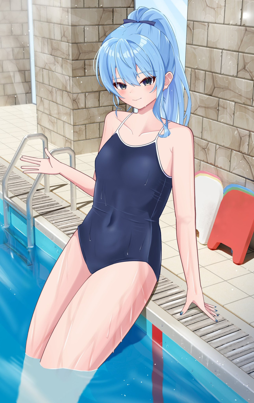 alternate_costume bare_shoulders blue_eyes blue_hair blue_one-piece_swimsuit blush breasts brick_wall collarbone covered_navel female hair_between_eyes highres hiiragi_melt hololive hoshimachi_suisei long_hair looking_at_viewer nail_polish one-piece_swimsuit ponytail pool poolside school_swimsuit small_breasts smile solo stairs star_(symbol) star_in_eye swimsuit symbol_in_eye virtual_youtuber