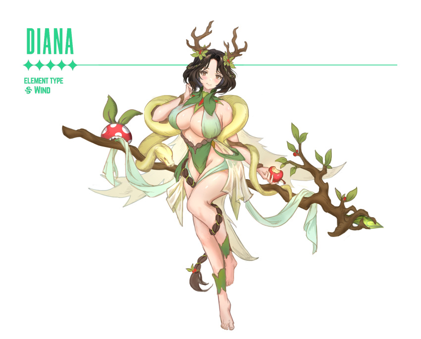 absurdres armpit_crease barefoot blush braid branch breasts brown_dust_2 brown_eyes brown_hair character_name cleavage diana_(brown_dust) dress eating fake_antlers female flower food food_bite full_body gameplay_mechanics green_dress groin hair_flower hair_ornament highres holding holding_food large_breasts long_hair looking_at_viewer mage_staff simple_background sitting sitting_on_object snake solo standing standing_on_one_leg thick_thighs thighs toes twing_glutti very_long_hair white_background z3n_dz