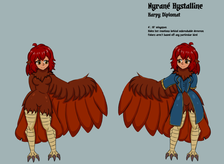 2023 animal_humanoid avian avian_humanoid breasts claws diplomatr331 european_mythology featureless_breasts female greek_mythology hair harpy harpy_humanoid hi_res humanoid model_sheet mythological_avian mythological_creature mythology nyrane_(diplomatr331) red_hair solo toe_claws winged_arms wings