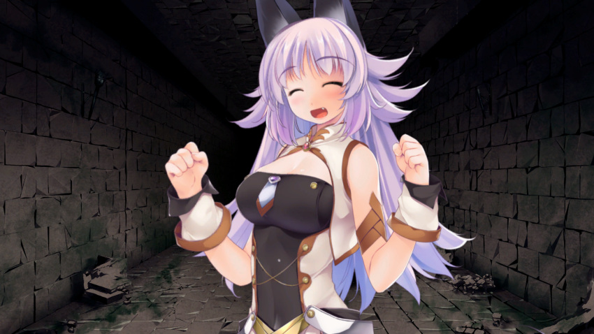 ^_^ animal_ears atelier-moo bare_shoulders blush breasts clenched_hands closed_eyes detached_sleeves dungeon female highres large_breasts long_hair long_sideburns looking_up mana_(our_battle_has_just_begun!) narrow_waist oerba_yun_fang open_mouth our_battle_has_just_begun! purple_hair sideburns sleeveless smile solo upper_body very_long_hair w_arms wolf_ears wolf_girl