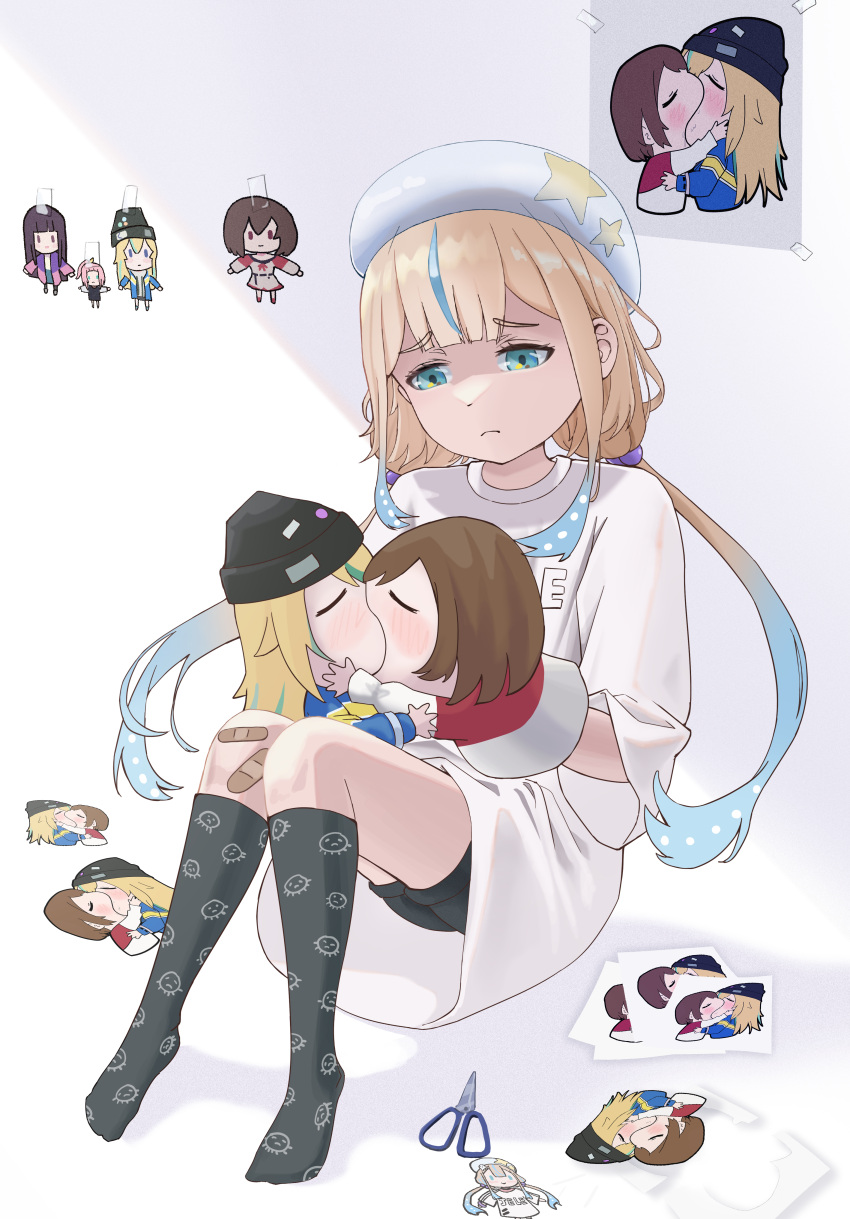 absurdres beret black_socks blonde_hair blue_eyes blue_hair brown_hair character_doll closed_eyes commentary english_commentary female frown furrowed_brow half-closed_eyes hand_puppet hat highres jelee-chan kissing knees_to_chest kouzuki_mahiru long_hair looking_down meme multicolored_hair muppet_mouth_characters_making_out_(meme) ngoc no_shoes oversized_clothes puppet sad scissors shirt short_sleeves sidelocks sitting socks solo streaked_hair white_shirt yamanouchi_kano yoru_no_kurage_wa_oyogenai