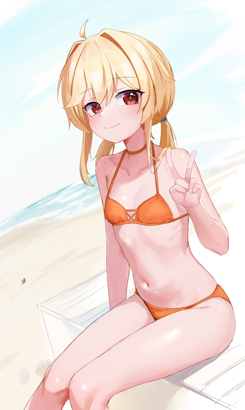 absurdres ahoge beach bikini blonde_hair breasts closed_mouth collarbone dutch_angle female girls'_frontline hair_intakes hand_up highres long_hair looking_at_viewer nagant_revolver_(girls'_frontline) nagant_revolver_(trumpeter_of_the_azure_waves)_(girls'_frontline) navel ocean orange_bikini outdoors petite red_eyes ribs sand shenqi_xiaohuang sitting small_breasts smile solo swimsuit twintails v