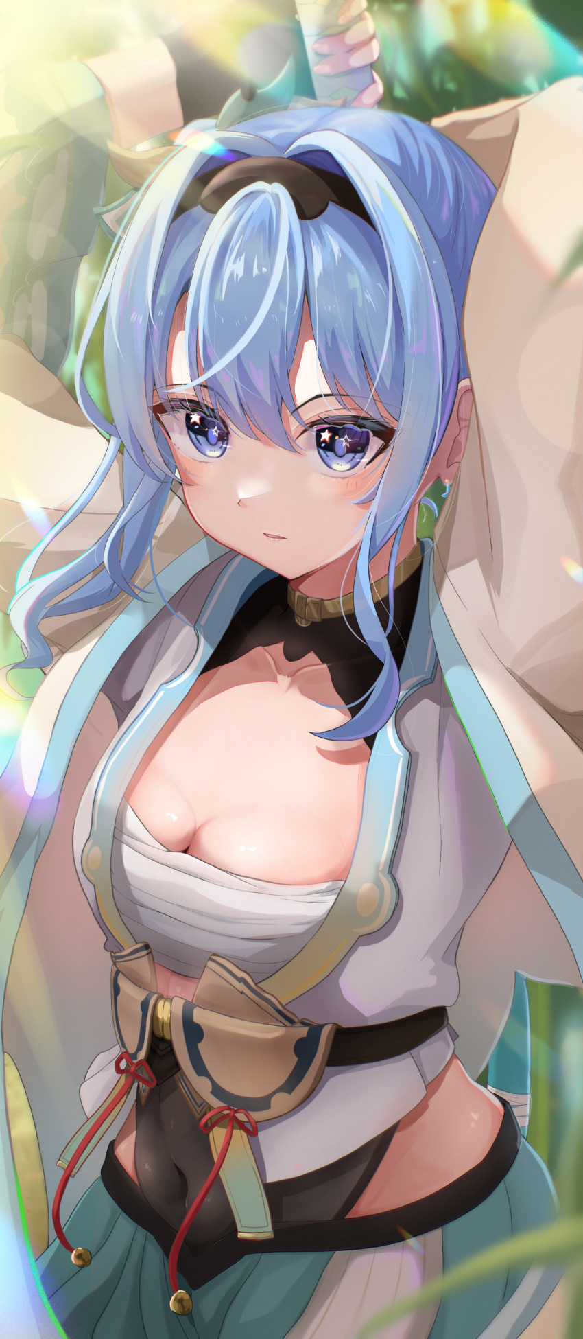 absurdres blue_eyes blue_hair blush breasts chest_sarashi cleavage cosplay covered_navel female highres hololive hoshimachi_suisei japanese_clothes kazama_iroha kazama_iroha_(1st_costume) kazama_iroha_(cosplay) kimono looking_at_viewer sarashi sasamin small_breasts solo star_(symbol) star_in_eye symbol_in_eye virtual_youtuber white_kimono