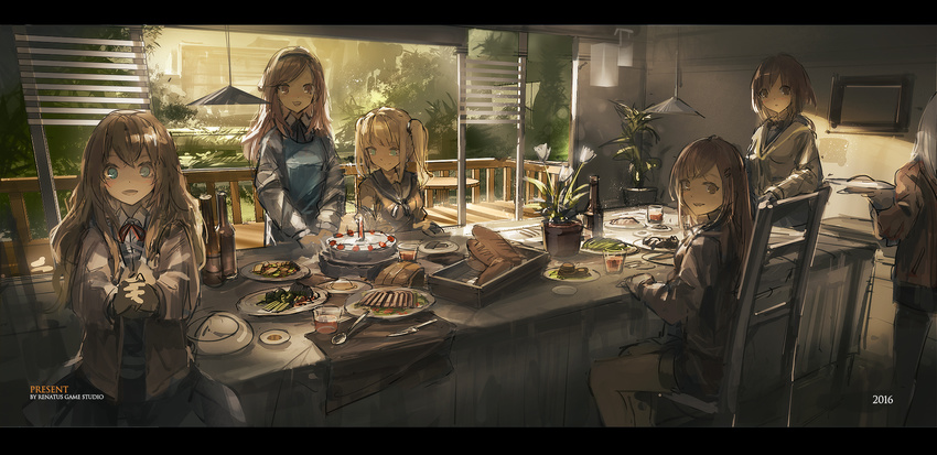 2016 6+girls :o bad_id bad_pixiv_id blonde_hair bottle bow bowtie bread brown_eyes brown_hair cake cardigan commentary cup drink drinking_glass english_text flower flower_pot food fork glass hanging_light highres indoors lamp letterboxed long_hair long_sleeves looking_at_viewer multiple_girls neck_ribbon open_mouth original out_of_frame party photoshop_(medium) picture_frame plant plate porch potted_plant railing renatus.z ribbon school_uniform serafuku shorts sitting smile spoon standing table tablecloth terrace twintails utensil v_arms white_hair wing_collar