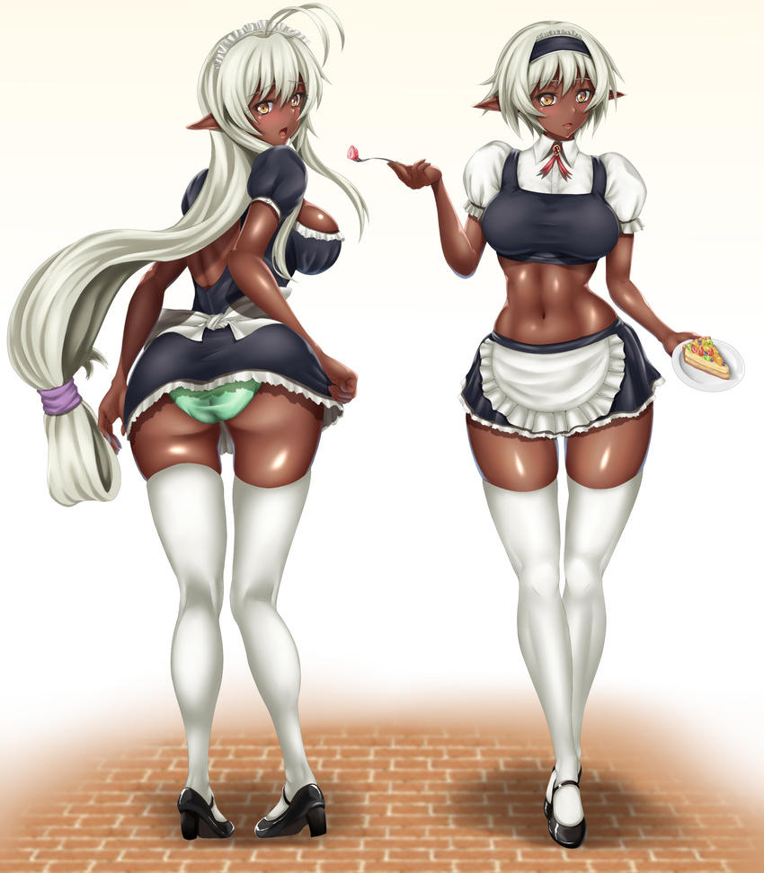 2girls antenna_hair apron ass blush breasts commentary_request dark-skinned_female dark_elf dark_skin elf food green_panties highres large_breasts long_hair looking_at_viewer maid_apron maid_headdress midriff multiple_girls navel nisei_muramasa open_mouth orange_eyes panties pointy_ears sansei_muramasa soukou_akki_muramasa standing tama_(tamakaka1031) thighhighs underwear very_long_hair white_hair white_thighhighs