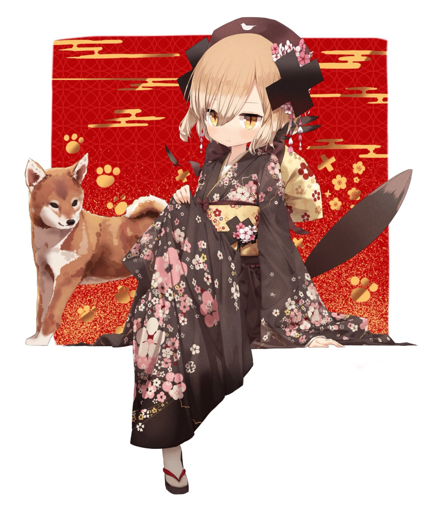 alternate_costume animal arm_support black_feathers black_hair black_hat black_kimono brown_eyes canine commentary_request dog_tail egasumi feathers female floral_print flower hair_between_eyes hair_flower hair_ornament hat highres japanese_clothes kimono light_brown_hair long_sleeves mabuta_(byc0yqf4mabye5z) mahou_shoujo_ikusei_keikaku obi pink_flower print_kimono sandals sash shadowgale shippou_(pattern) short_hair sitting sleeves_past_wrists socks solo tabi tail white_flower white_socks wide_sleeves zouri