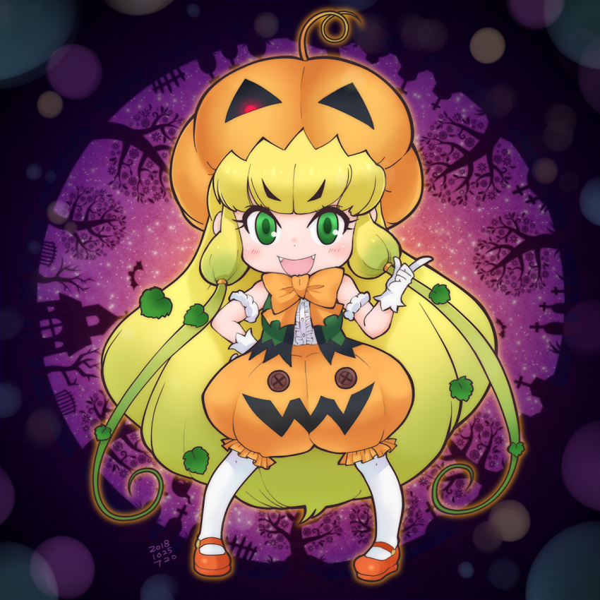 :d arm_scrunchie bare_shoulders blonde_hair bow bowtie button_eyes buttons center_frills chibi commentary dated fangs female frills gloves green_eyes green_hair hakkatou halloween hand_on_own_hip highres index_finger_raised jack-o'-lantern_(kemono_friends) kemono_friends leaf long_hair looking_at_viewer low_twintails open_mouth orange_footwear orange_pants pants pantyhose plant puffy_pants pumpkin_hat red_bow red_bowtie scrunchie shirt shoes smile solo twintails v-shaped_eyebrows very_long_hair white_gloves white_pantyhose white_scrunchie white_shirt