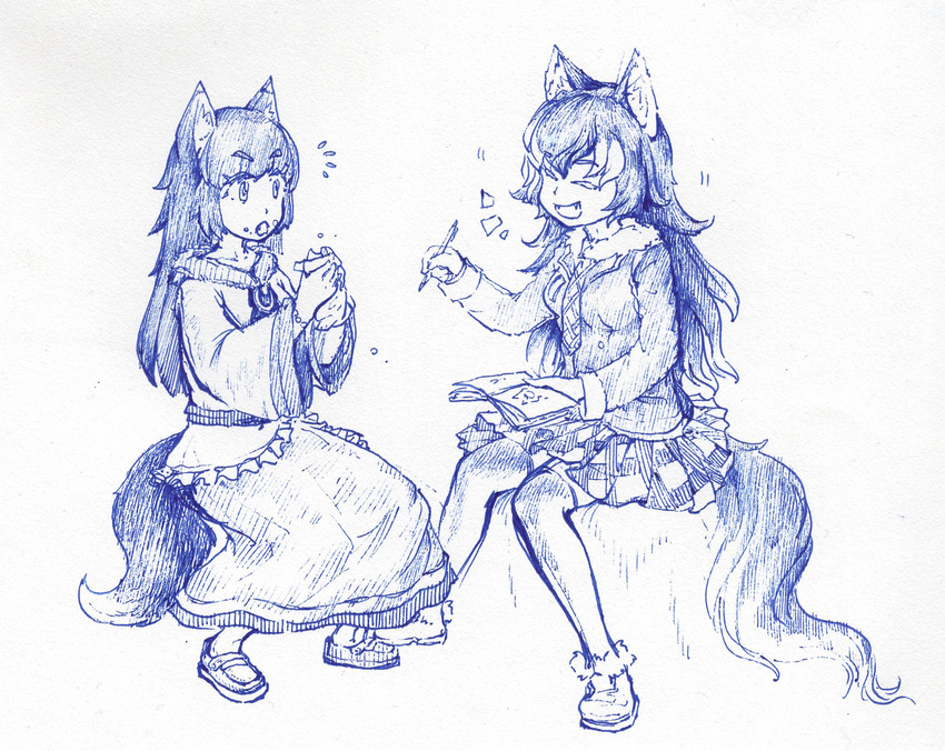 2girls :d :o ^_^ animal_ears arms_up brooch closed_eyes commentary_request crossover food food_on_face frills fur_collar grey_wolf_(kemono_friends) highres holding holding_food holding_pen hupose_deheluo imaizumi_kagerou jacket jewelry kemono_friends laughing long_hair long_sleeves looking_at_another monochrome multicolored_hair multiple_girls necktie notepad open_mouth pen photoshop_(medium) simple_background sitting skirt smile species_connection tail thick_eyebrows touhou traditional_media trait_connection two-tone_hair wide_sleeves wolf_ears wolf_tail