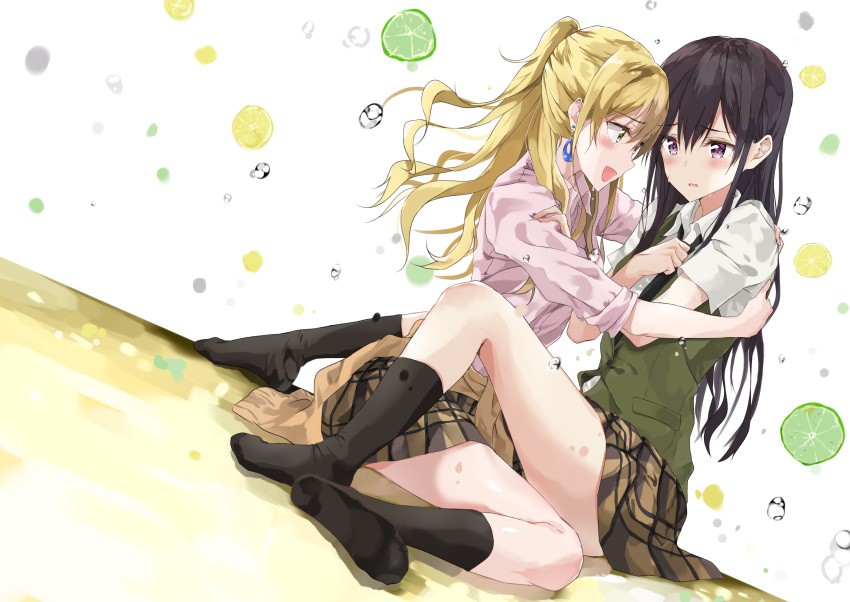 2girls :d absurdres aihara_academy_school_uniform aihara_mei aihara_yuzu black_hair black_legwear black_necktie blonde_hair blush brown_skirt citrus_(saburouta) clothes_around_waist commentary_request dress_shirt dutch_angle earrings embarrassed fujisaki_ribbon green_eyes green_jacket highres inseki jacket jewelry long_hair miniskirt multiple_girls necktie open_mouth pink_shirt pleated_skirt purple_eyes school_uniform shirt short_sleeves sitting skirt smile step-siblings step-sisters sweater sweater_around_waist very_long_hair wet white_background white_shirt yuri