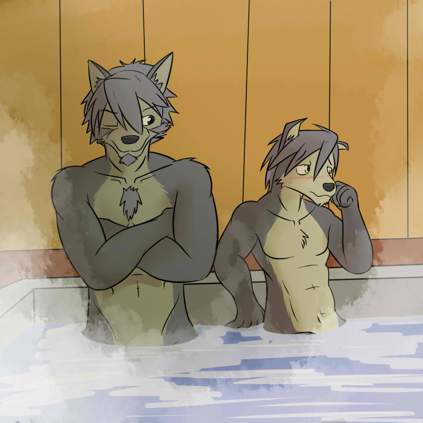 1:1 anthro awkward bath bathhouse blush canid canine canis clothed clothing domestic_dog duo father_(lore) father_and_child_(lore) father_and_son_(lore) fur fuze grey_body grey_eyes grey_fur hi_res husky kouya_(morenatsu) male mammal mitsuhisa_aotsuki morenatsu nordic_sled_dog nude one_eye_closed parent_(lore) parent_and_child_(lore) parent_and_son_(lore) partially_submerged smile smirk son_(lore) spitz topless tuft water yellow_eyes