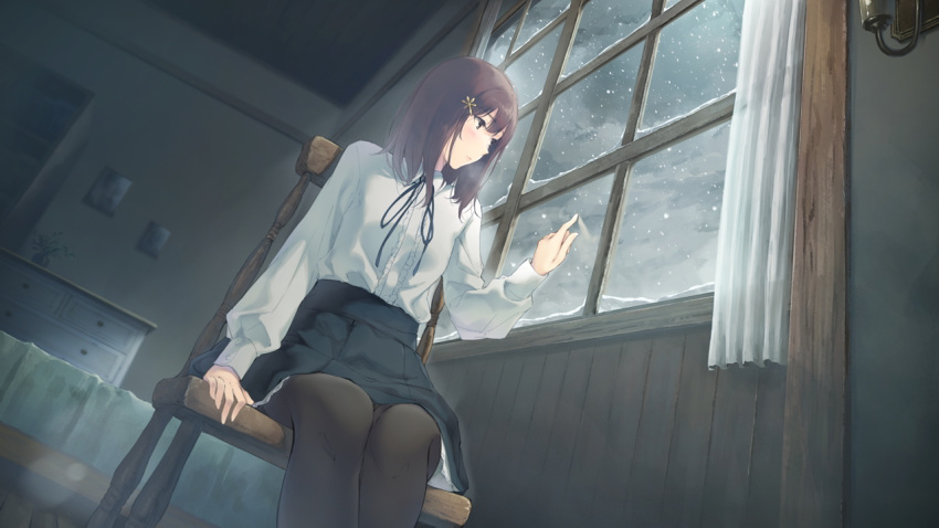 bed brown_eyes brown_hair clouds flowers_(game) kousaka_mayuri long_hair pantyhose reflection ribbons skirt sky snow sugina_miki winter