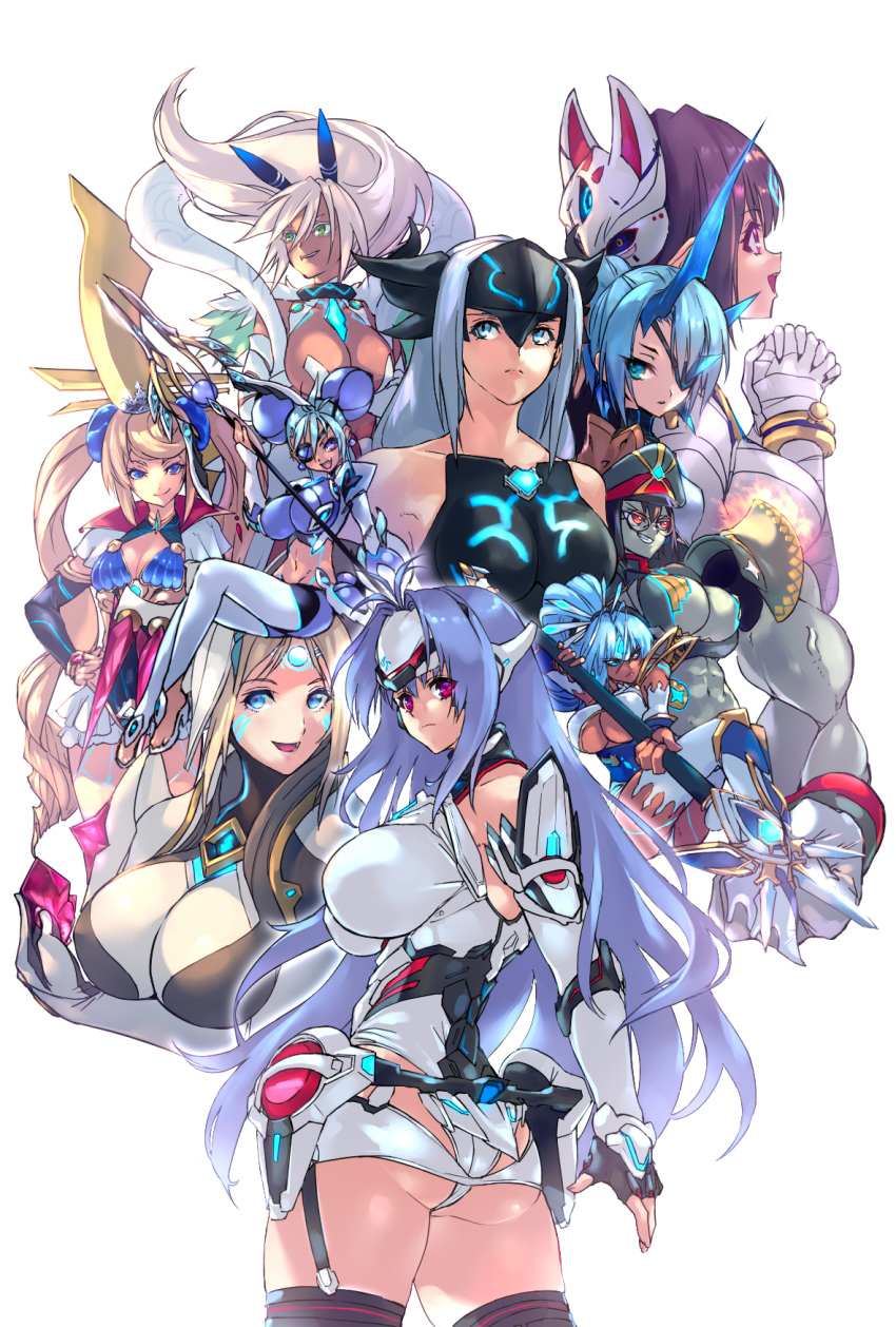 agate_(xenoblade) android animal_ears armor ass bare_shoulders black_hair blonde_hair blue_eyes blue_hair blush breasts commentary_request cyborg dark-skinned_female dark_skin dress elbow_gloves expressionless eyepatch fire forehead_protector fox_mask glasses gloves hat herald_(xenoblade) highres japanese_clothes kasandra_(xenoblade) kos-mos kos-mos_re: large_breasts leotard long_hair looking_at_viewer mask monster_girl multiple_girls negresco newt_(xenoblade) open_mouth pauldrons perun_(xenoblade) pointy_ears polearm ponytail praxis_(xenoblade) red_eyes sheba_(xenoblade) short_hair shoulder_armor simple_background smile spear theory_(xenoblade) thighhighs twintails very_long_hair weapon white_background white_hair white_leotard xenoblade_chronicles_(series) xenoblade_chronicles_2 xenosaga xenosaga_episode_iii zenobia_(xenoblade)