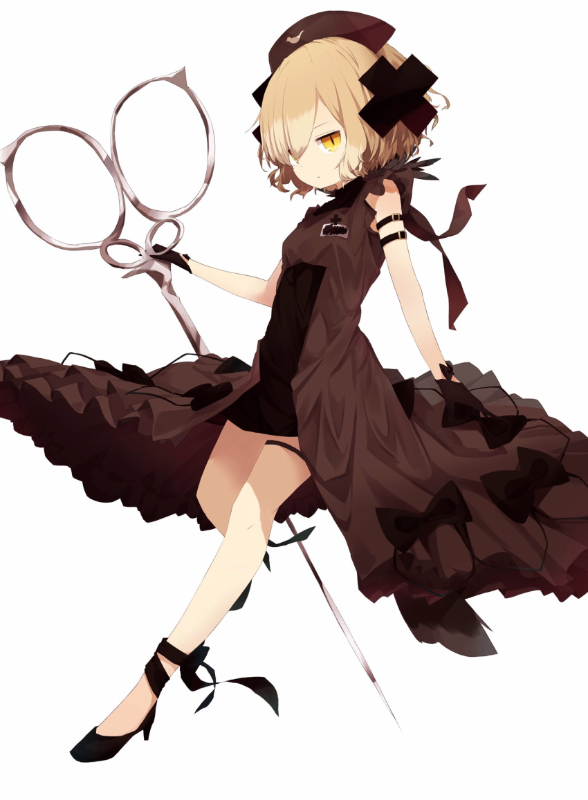 bad_id bad_twitter_id black_bow black_footwear black_gloves black_hat blonde_hair bow brown_dress closed_mouth commentary_request dress female full_body gloves hair_between_eyes hair_ornament hair_over_one_eye hat high_heels highres holding holding_scissors looking_at_viewer mabuta_(byc0yqf4mabye5z) magical_girl mahou_shoujo_ikusei_keikaku nurse_cap oversized_object scissors shadowgale short_hair simple_background sleeveless sleeveless_dress solo white_background yellow_eyes