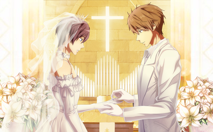 2boys black_hair blue_eyes brown_hair commentary couple crossdressing dress flower free! gloves green_eyes highres husband_and_husband katze_(776642) male_focus multiple_boys nanase_haruka_(free!) open_mouth photoshop_(medium) smile tachibana_makoto wedding wedding_dress yaoi