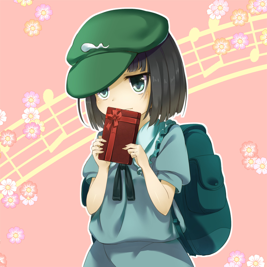 backpack bag beamed_eighth_notes black_hair blouse blue_eyes box cabbie_hat commentary dark_haired_kappa female flower gift gift_box hat kappa_mob_(touhou) musical_note piyodesu quarter_note ribbon shirt short_hair shy skirt skirt_set solo staff_(music) touhou valentine