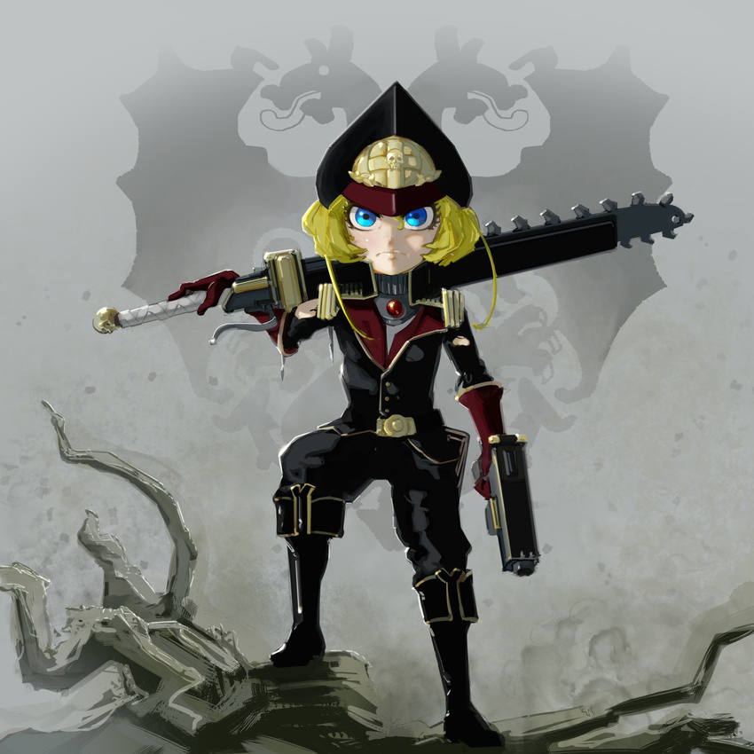 blonde_hair blue_eyes boots chainsword commentary_request female gun highres military military_uniform parody sword tanya_degurechaff toorops uniform warhammer_40k weapon youjo_senki