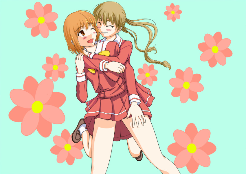 2girls aqua_background blonde_hair blush brown_footwear commentary_request floral_background grin highres hug hug_from_behind kashimashi kurusu_tomari long_sleeves multiple_girls orange_eyes orange_hair osaragi_hazumu pleated_skirt red_shirt red_skirt school_uniform shirt shoes skirt skirt_set smile socks twintails white_legwear yukari0593 yuri