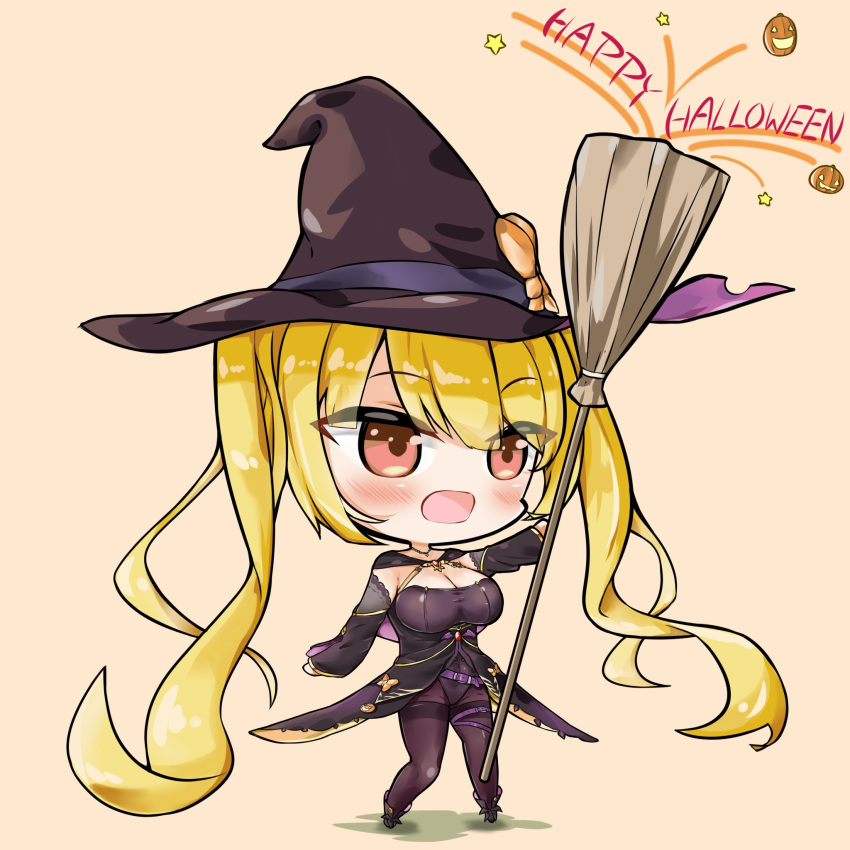 azur_lane black_dress black_footwear black_leotard black_sleeves blonde_hair blush boots breasts broom brown_background brown_eyes brown_hat brown_pantyhose chibi cleavage commentary_request detached_sleeves dress female hair_between_eyes halloween happy_halloween hat highres holding holding_broom jack-o'-lantern large_breasts leotard limitlimlim long_hair long_sleeves nelson_(azur_lane) nelson_(luna_witch)_(azur_lane) official_alternate_costume open_mouth pantyhose shadow sidelocks solo standing star_(symbol) thighband_pantyhose twintails very_long_hair witch_hat