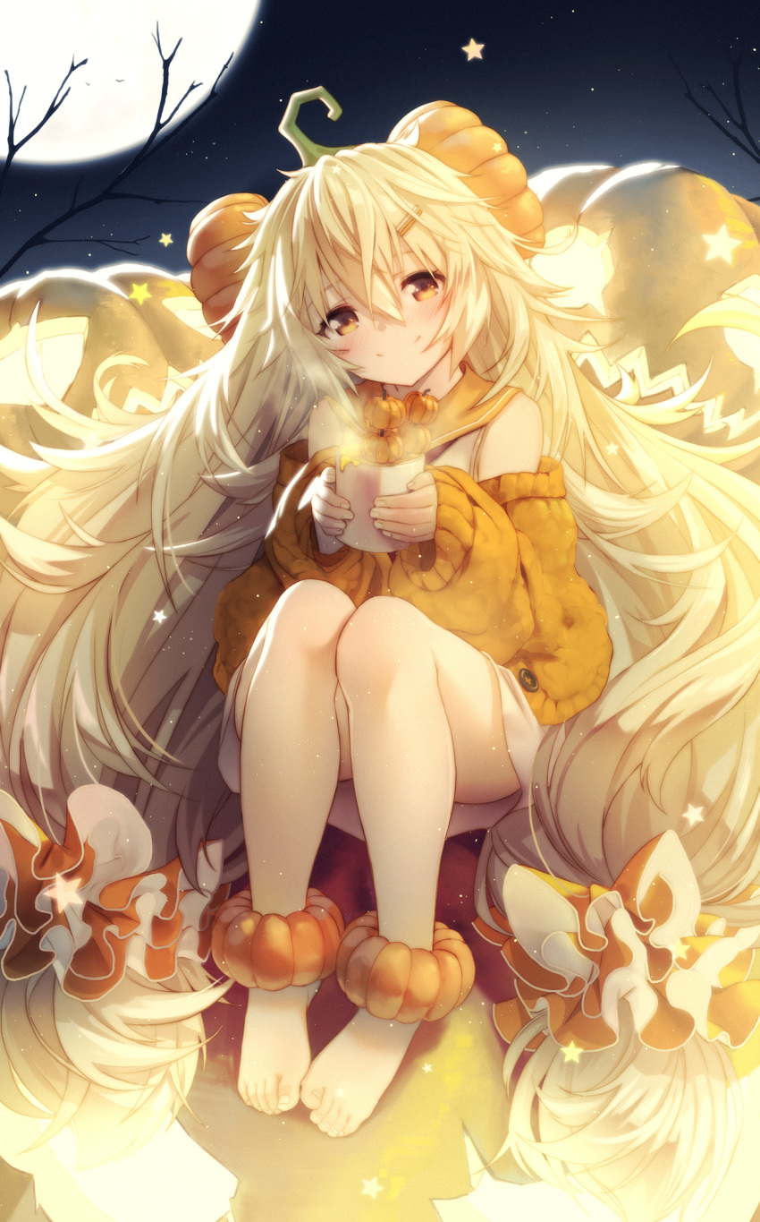 bad_id bad_pixiv_id baggy_clothes barefoot blonde_hair blush breasts brown_eyes cardigan commentary cup dress feet female food food-themed_hair_ornament full_body full_moon girls'_frontline hair_between_eyes hair_ornament hair_scrunchie hairclip halloween head_tilt highres holding holding_cup jack-o'-lantern legs_together long_hair looking_at_viewer low_twintails md5_mismatch medium_breasts messy_hair moon moon_print neckerchief night night_sky off_shoulder official_alternate_costume open_cardigan open_clothes orange_sailor_collar orange_scrunchie orange_sweater outdoors pumpkin pumpkin_hair_ornament pumpkin_soup red_neckerchief s.a.t.8_(girls'_frontline) s.a.t.8_(pumpkin_skewers)_(girls'_frontline) sailor_collar sailor_dress scrunchie sidelocks sitting sky smile solo songchuan_li star_(sky) star_(symbol) star_print starry_sky steam sweater twintails very_long_hair watermark weapon white_dress