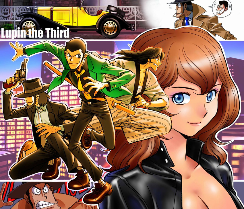 arsene_lupin_iii black_hair blue_eyes brown_hair car character_name copyright_name gun hat ishikawa_goemon_xiii jigen_daisuke long_hair lupin_iii mine_fujiko motor_vehicle pistol revolver vehicle weapon yusao zenigata_kouichi